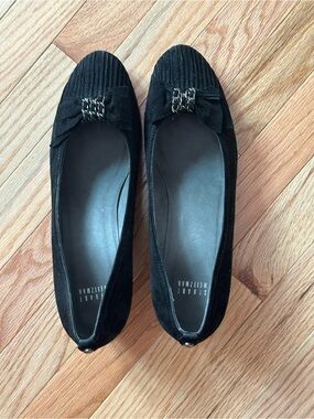 Stuart Weitzman Black Suede Bow Flats with Chain Accent